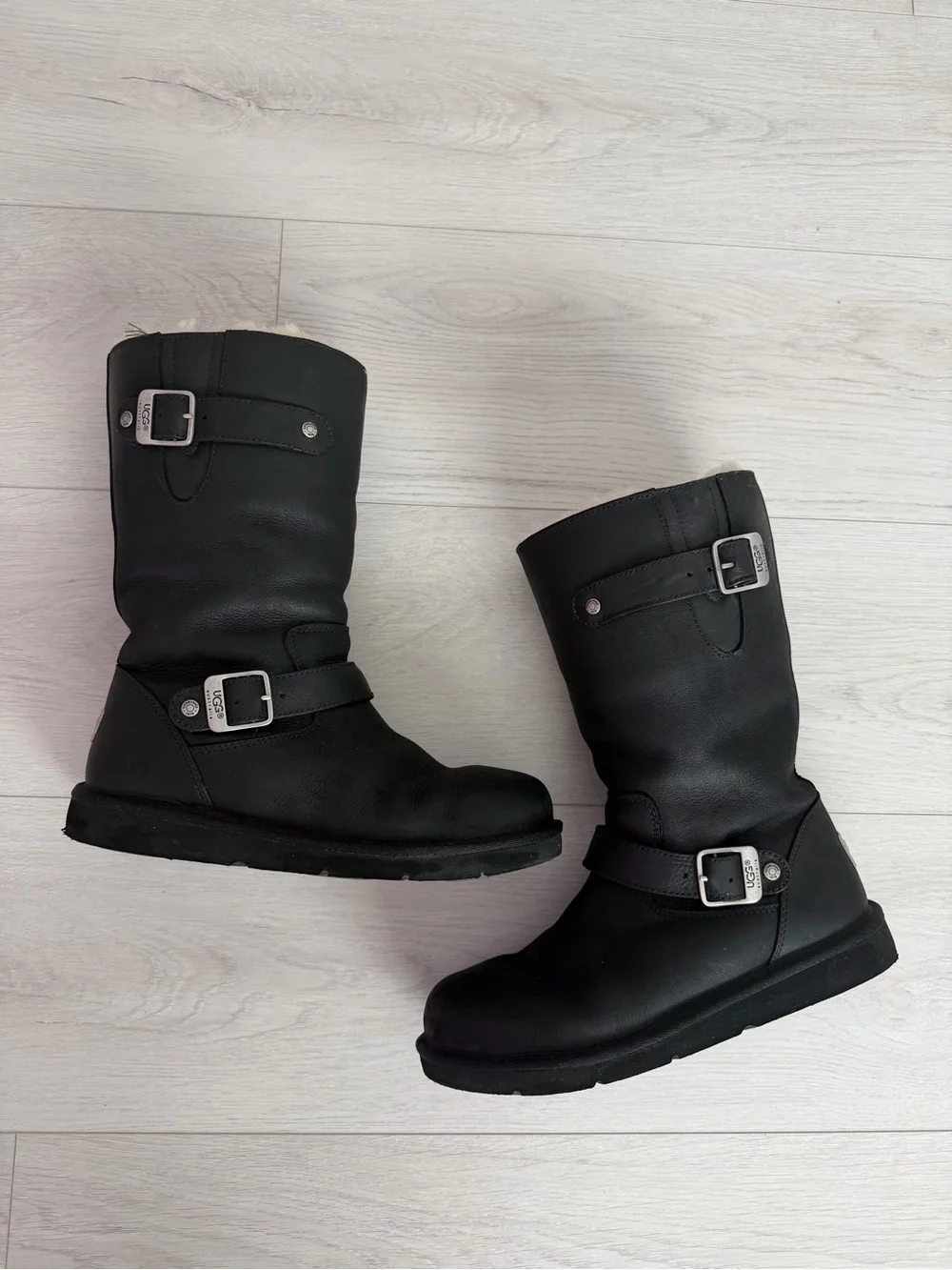 UGG Black Leather Mid-Calf Buckle Boot